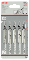 Förpackning med Bosch T101D HCS sågblad för trä. Innehåller 5 blad.