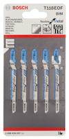 Förpackning med fem Bosch T118EOF sticksågblad för metall.
