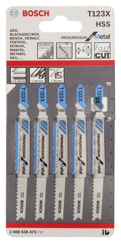 Förpackning med fem Bosch sticksågblad T123X för metall, märkta med "Progressor for Metal".