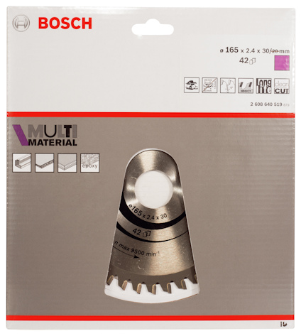 Bosch cirkelsågblad för multimaterial, 165 x 2.4 x 30 mm, max 9500 min⁻¹.