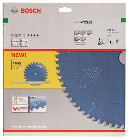 Förpackning av Bosch cirkelsågblad, expert för trä, 254 mm, med information om ren och långvarig kapning.