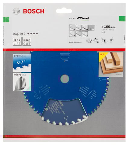 Förpackning med blå cirkelsågklinga från Bosch, expert wood, 160 mm i diameter.