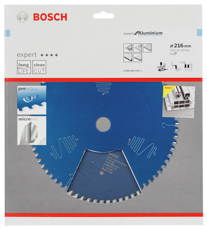 Rund byggsågklinga från Bosch med blå färg och förpackningstext för experter, aluminiumkapning, 216 mm diameter.