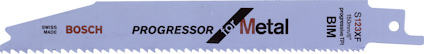 Sågblad med texten "BOSCH PROGRESSOR Metal BIM S123XF" och "Swiss Made". Bladet har en tandad kant.