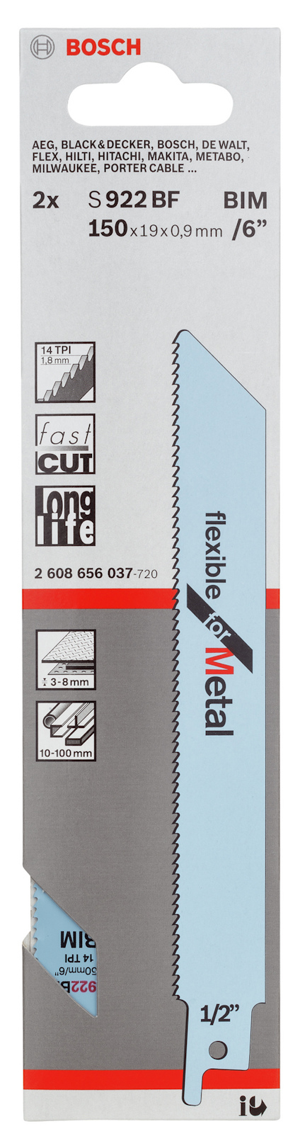 Förpackning med två Bosch sågblad S 922 BF, märkta "flexible for Metal", 150 mm, 1/2".