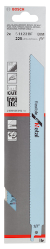 Förpackning med två Bosch sticksågblad, modell S1122BF, för metall, 225x19x0,9 mm.