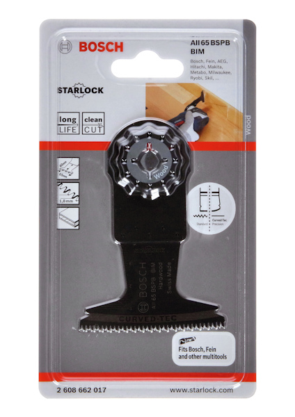 Förpackning med Bosch Starlock sågblad för multiverktyg, modell AII65 BSPB, med text och illustration.