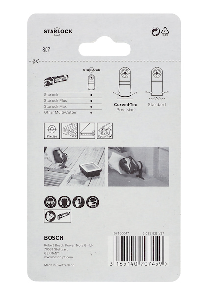 Förpackning med Starlock-blad från Bosch, visande olika bladtyper och användningsområden. Artikelnummer: 807. Barcode: 3165140707459.