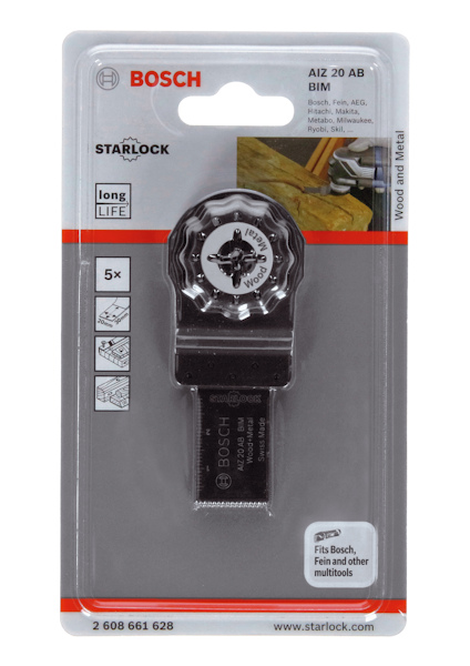 Förpackning med Bosch Starlock sågblad AIZ 20 AB för trä och metall.