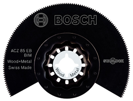 Runt, svart sågblad med tandad ytterkant. Text: "BOSCH", "ACZ 85 EB BIM", "Wood+Metal", "Swiss Made", "STARLOCK".