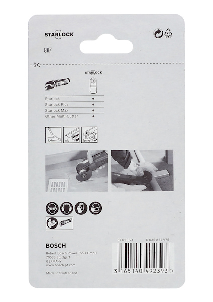 Förpackningens baksida för Starlock verktygblad, med illustrationer och kompatibilitetsinformation.