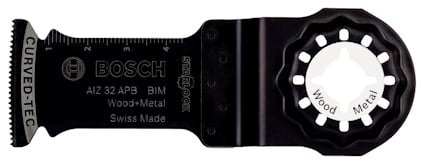 Sågblad med svart kropp, tandkant och texten "BOSCH", "Wood-Metal", samt mätmarkeringar.