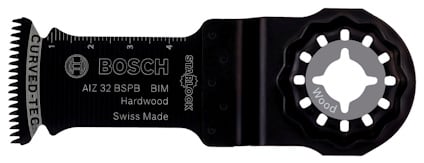 Svart sågbrotch med tandad kant och texten "Bosch AIZ 32 BSPB BIM Hardwood Swiss Made".