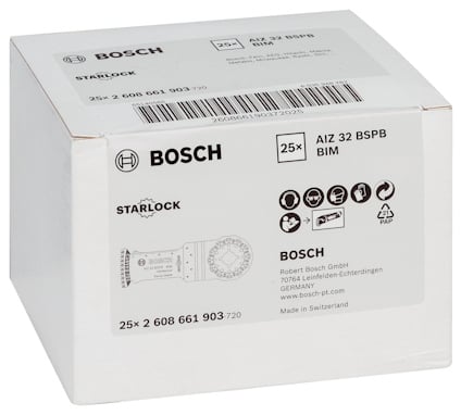 Vit förpackning från Bosch med etikett som visar 25 st Starlock AIZ 32 BSPB BIM.
