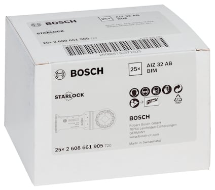 Låda med Bosch Starlock AI2 32 AB BIM, 25-pack. Information och streckkod på förpackningen. Tillverkad i Schweiz.