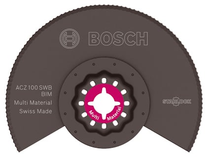 Segmentkniv av metall med halvrund design. Text: "Bosch", "ACZ 100 SWB", "Multi Material", "Swiss Made", "Starlock".