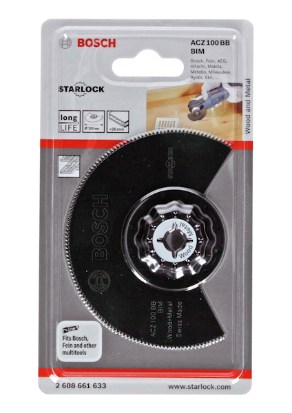 Förpackning med Bosch sågblad ACZ 100 BB, Starlock. Text: "Wood and Metal", "long LIFE".