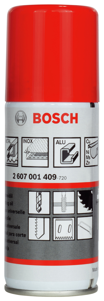 Sprayburk med röd kork, Bosch-logotyp, bildsymboler och artikelnummer 2 607 001 409.