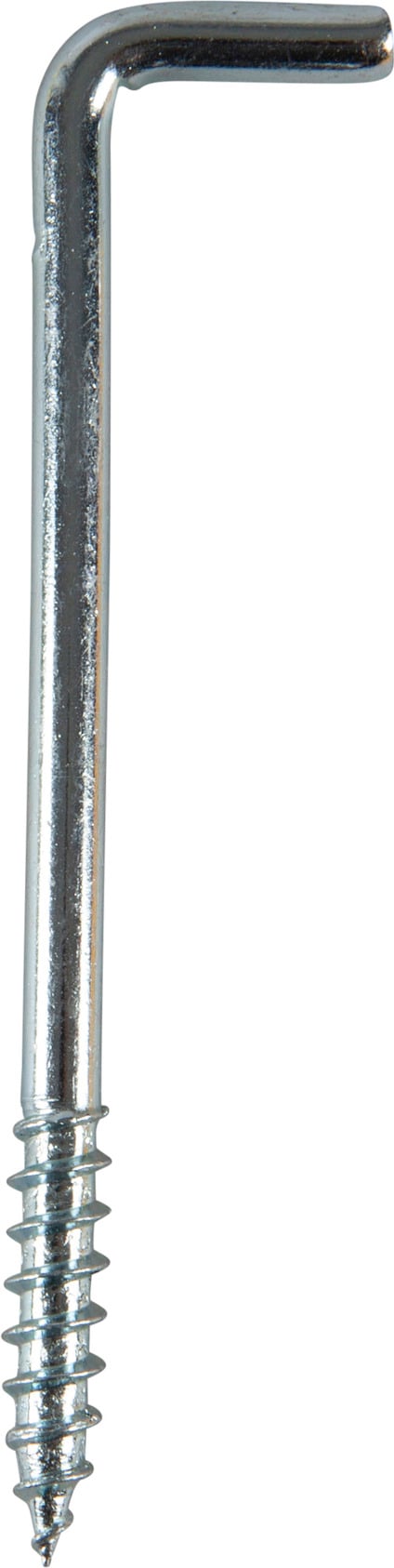 En metallisk vinkelkrok med gängad del längst ner och en böjd ände upptill.