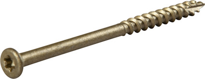 Metallskruv med grov gänga och Torx-huvud på ljus bakgrund.