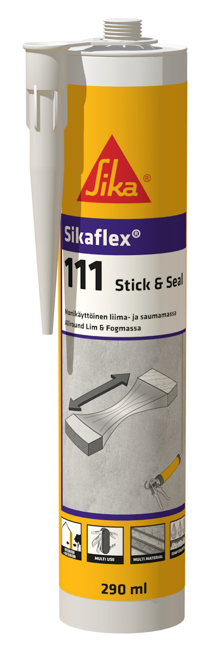 Krämtub märkta "Sikaflex 111 Stick & Seal 290 ml" med bilder av applicering.