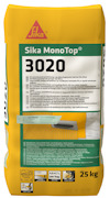 Säck i gult med texten "Sika MonoTop 3020". Innehåller detaljerad produktinformation och instruktioner. 25 kg ICF.