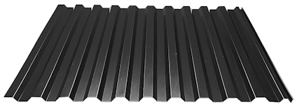 Svart korrugerad takplåt med tydliga vågformiga profiler.