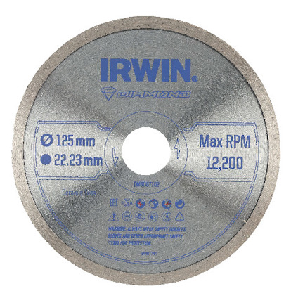 Rund diamantkapskiva med texten "IRWIN" och olika symboler, märkt för användning på keramiska plattor.
