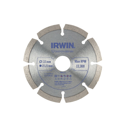 Diamantkapskiva med texten "IRWIN", symboler och information om varvtal samt dimensioner på ytan.