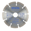 Diamantkapskiva med text: "IRWIN", "MAX RPM 12,200", "125 mm", "22.23 mm". Grå metallic färg med segmenterade kanter.