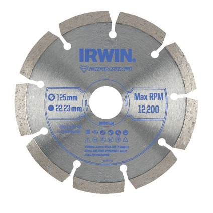 Diamantkapskiva med text: "IRWIN", "MAX RPM 12,200", "125 mm", "22.23 mm". Grå metallic färg med segmenterade kanter.