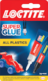 Förpackning med Loctite snabbverkande superlim för plast, två tuber på röd och blå bakgrund.