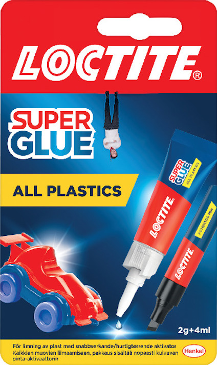 Förpackning med Loctite snabbverkande superlim för plast, två tuber på röd och blå bakgrund.