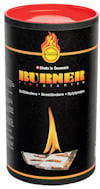 Cylindrisk förpackning märkt "BURNER" med en bild av en låga och text som visar användning för bras- och grilltändning.