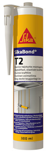 Patron med vit polyuretanlim, SikaBond-T2, etikett i gult och blått med text om hög hållfasthet och elasticitet. 300 ml.