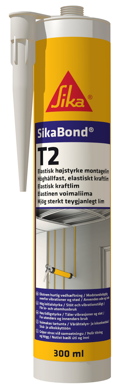 Patron med vit polyuretanlim, SikaBond-T2, etikett i gult och blått med text om hög hållfasthet och elasticitet. 300 ml.