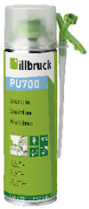 Sprayburk med limegrönt och vitt etikettdesign, märkning "illbruck PU700" och text om användningsområden.