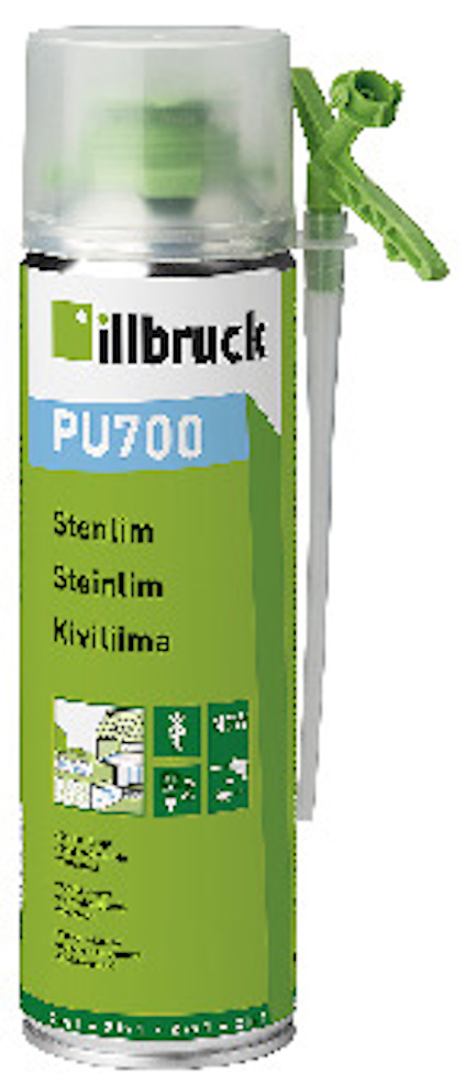 Sprayburk med limegrönt och vitt etikettdesign, märkning "illbruck PU700" och text om användningsområden.