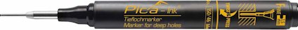Svart märkpenna med smal spets, gul text och grafiska symboler. Märkning: "Pica ink" och "Marker for deep holes".