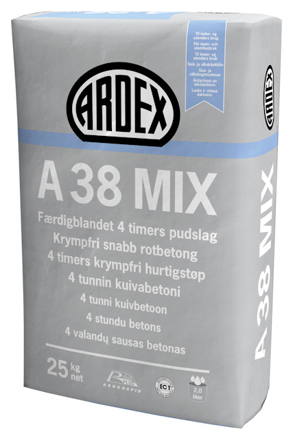 Förpackning med ARDEX A 38 MIX snabbrotbetong, 25 kg, med text på flera språk och ARDEX-logotyp.
