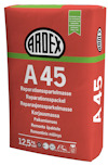 Röd påse med texten "ARDEX A45 Reparationsspackel" och detaljer på flera språk.