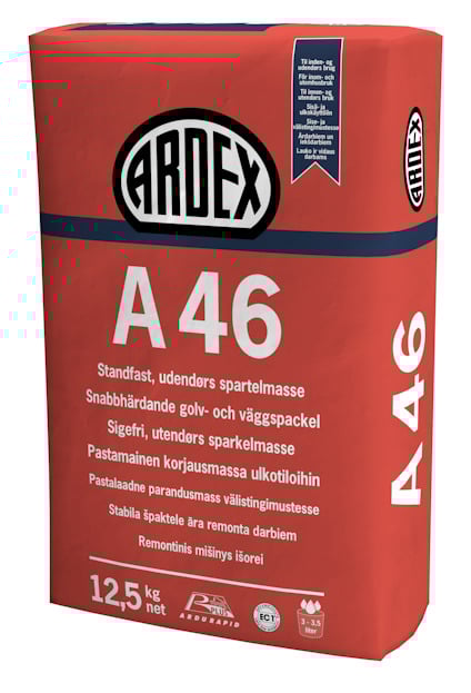 Röd och vit förpackning märkt "ARDEX A46", innehållande snabbhärdande golv- och väggspackel, 12,5 kg.