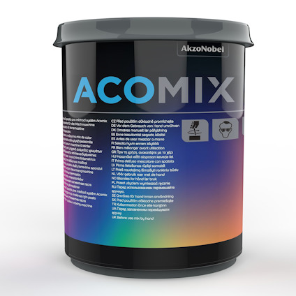 Förpackning med texten "ACOMIX" och logotypen för AkzoNobel, gradientdesign i blått och orange.