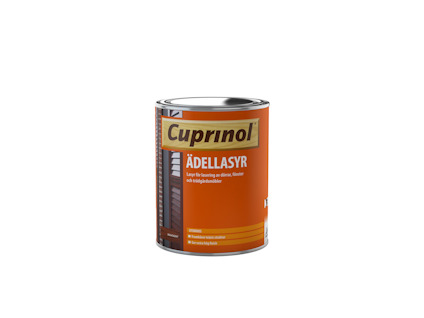 Målarburk i metall med orange etikett och texten "Cuprinol Ädellasyr" synlig på framsidan.