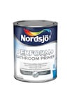 Färgburk med texten "Nordjö Perform+ Bathroom Primer" och illustration av ett badrum.