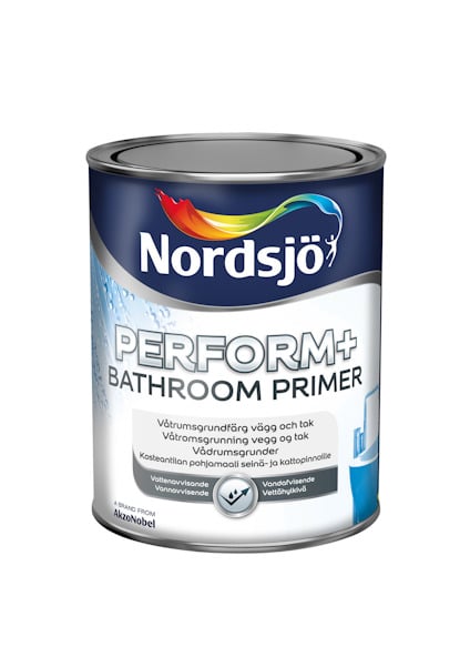 Färgburk med texten "Nordjö Perform+ Bathroom Primer" och illustration av ett badrum.