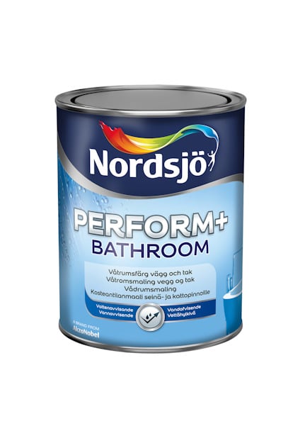 En vit färgburk med texten "Nordsjö Perform+ Bathroom".