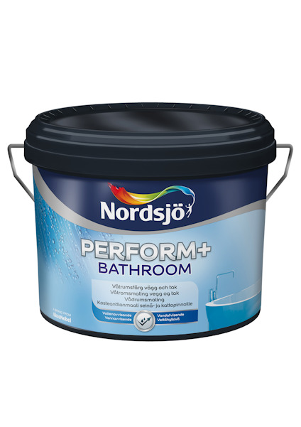 Färgburk med texten "Nordsjö Perform+ Bathroom" på etiketten, blå och vit design.