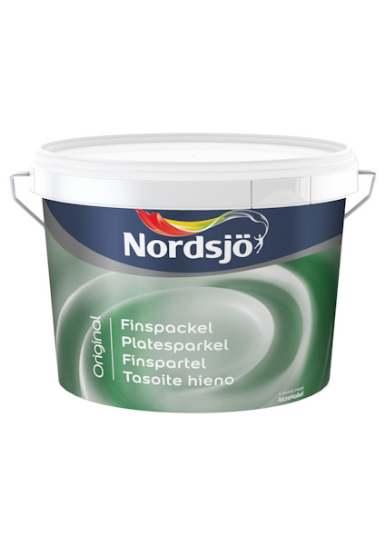 Förpackning med Nordsjö Original Finspackel för inomhusbruk, 10 liter, med vit och grön etikett.