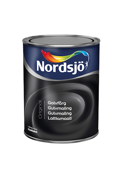 Färgburk från Nordsjö med etikett i flera språk: "Golvfärg", "Gulvmaling", "Lattiamaali".